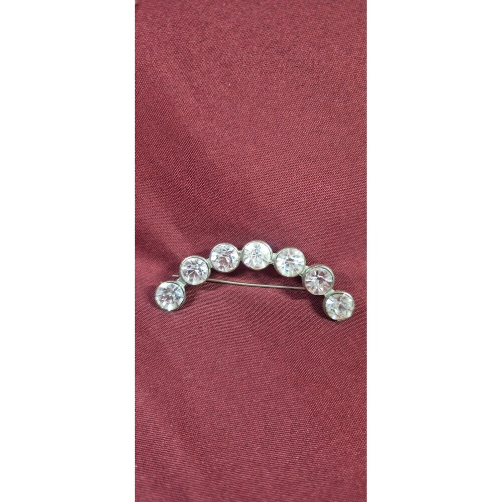Vintage Clear Rhinestone Arched Brooch Pin Silver Tone Curved Crescent 1940s 50s